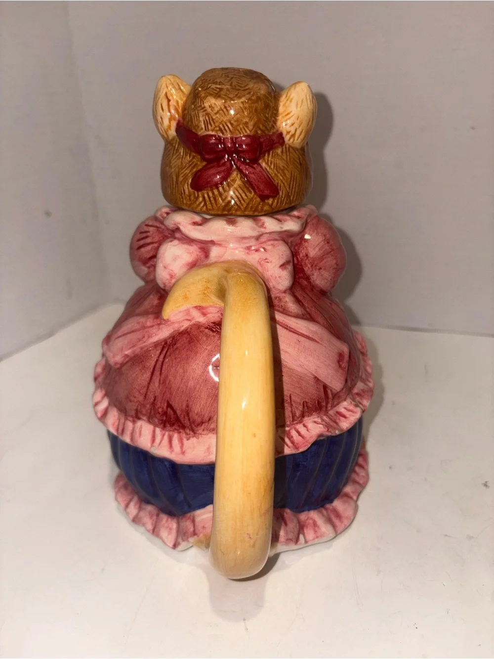 Hand-Painted Pink Ceramic Cat Figurine with Basket of Fish Teapot- Vintage